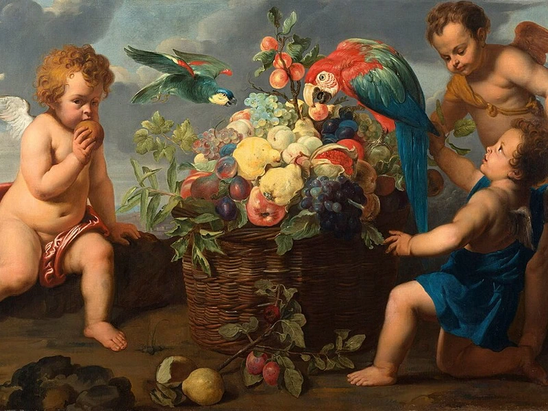 1607-Erasmus Quellinus il Giovane - Three Putti around a Fruit Basket with Parrots. Con Frans Snyders